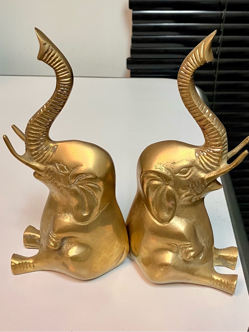 Heavy Brass Elephant Figurine Pair - Raised Trunks
